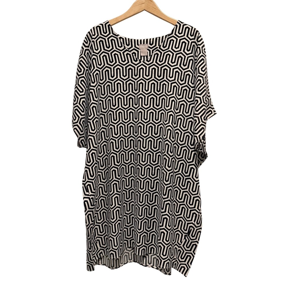 Chico's Geometric Women 3P Black White Tunic Top V-Neck Dolman Maze Pattern